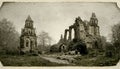 Old photo with creepy cemetery and abandoned church ruins. Mystic gloomy scene. 3D illustration