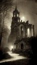Old photo with creepy cemetery and abandoned church ruins. Mystic gloomy scene. AI generated