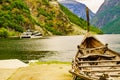 Old viking boat and ferryboat on fjord, Norway Royalty Free Stock Photo
