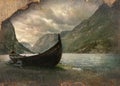 Old viking boat in Gudvangen village near Flam, Norway. Retro image in painting style Royalty Free Stock Photo