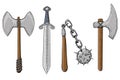 Old viking weapons - ax, sword, flail, spiked metal ball. Hand drawn sketch Royalty Free Stock Photo