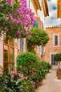 Old village alley with beautiful flowers and plants pots on Majorca island, Spain Royalty Free Stock Photo