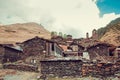 Old village Dartlo with traditional stone buildings and defensive towers in Tusheti. Adventure holiday. Travel to Georgia country.