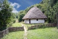 The old village hut with thatched roof fenced with a fence of vines