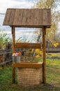 Old village well in the countryside with a bouquet of flowers in a bucket