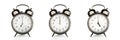 Old vintage alarm clocks at different time of the days isolated on panoramic white background. Morning, noon,afternoon