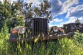 Old vintage all wheel drive car front on natural background with green grass, trees and blue sky Royalty Free Stock Photo
