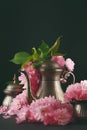 Old, vintage antique mocha coffee pot decorated with cherry blossom flowers, dark moody shot