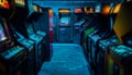 Old Vintage Arcade Video Games in an empty dark gaming room with blue light with glowing displays Royalty Free Stock Photo