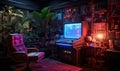 Old vintage arcade video games in game room with comfortable armchair and beautiful retro interior