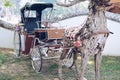 Old vintage asian tricycle & wooden deer decorating in park