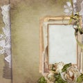 Old vintage background with a frame, withered roses, old letters, postcards, lace