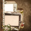 Old vintage background with lace, old documents, money, photo frames, angel Royalty Free Stock Photo