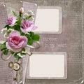 Old vintage background with pink roses and frames