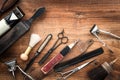 Old vintage barbershop tools on wooden table