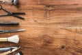 Old vintage barbershop tools on wooden table