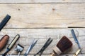 Old vintage barbershop tools on wooden table Royalty Free Stock Photo