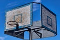 Old and vintage basketball backboard and hoop. Basketball hoop on a background of blue sky and white clouds. Royalty Free Stock Photo