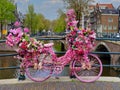 Old vintage bicycle decorated with pink flowers on small bridge in old part of Amsterdam Royalty Free Stock Photo