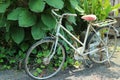 An old vintage bike parked on an outdoor road, selectable focus. Royalty Free Stock Photo