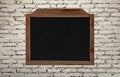 Old vintage black chalkboard on brick wall Royalty Free Stock Photo