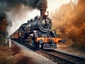 old vintage black steam train locomotive in the autumn forest