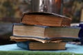 Old vintage books and booklets on table close up Royalty Free Stock Photo