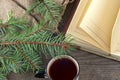 Old vintage books, cup of tea, cake and keys on rustic wooden table Royalty Free Stock Photo