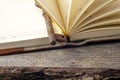 Old vintage books, cup of tea, cake and keys on rustic wooden table Royalty Free Stock Photo