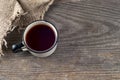 Old vintage books, cup of tea, cake and keys on rustic wooden table Royalty Free Stock Photo