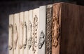 Old vintage books on a wooden shelf close-up. Royalty Free Stock Photo