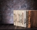 Old vintage books on a wooden shelf Royalty Free Stock Photo