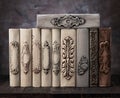 Old vintage books on a wooden shelf close-up Royalty Free Stock Photo