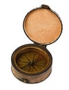 Old vintage brass compass in a leather case isolated on a white background. Royalty Free Stock Photo