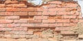 Old vintage brick wall with pieces of crumbled plaster