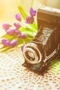 Vintage Camera With Beautiful Bouquet Of Flowers On Knitted Tablecloth. Old Vintage Still Life Concept.