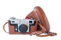 Old vintage camera in leather case Royalty Free Stock Photo