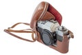 Old vintage camera in leather case Royalty Free Stock Photo