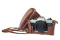 Old vintage camera in leather case Royalty Free Stock Photo