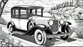 Old vintage car antique touring parked pond sketch Royalty Free Stock Photo