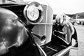 Old vintage car headlight close up. Black and white photo Royalty Free Stock Photo