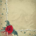 Old vintage card with red rose, lace and pearls Royalty Free Stock Photo