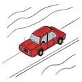 Old vintage cartoon car. Red color, childish vintage, retro style. Hand drawn illustration, isometric perspective.