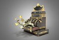 Old vintage cash register with flying money and coins 3d render