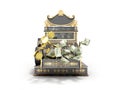 Old vintage cash register with flying money and coins 3d render