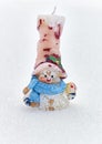 Old vintage christmas tree snowman candle in the snow outdoor