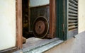 Old, vintage circular saw ring for cutting wood on window sill in workshop Royalty Free Stock Photo