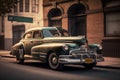 Old vintage classic Americana car in the street parked in the street, Generative AI