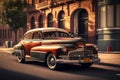 Old vintage classic Americana car in the street parked in the street, Generative AI