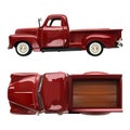 Old vintage classic pickup red truck vector realistic illustration on white isolated background. side and top view